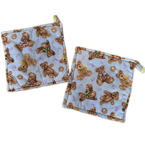 Handmade Handcrafted Novelty All Over Teddy Bear Lover Kitchen Pot Holders Pair - Picture 2 of 2